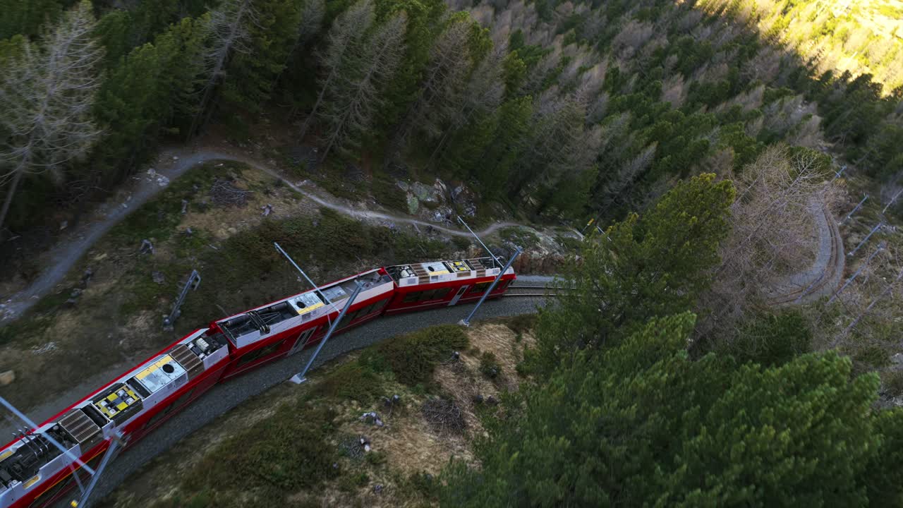 Red Rhaetian Railway train from top-down perspective, winding through sunlit Morteratsch forest, Scenic Swiss travel, Switzerland. Aerial drone