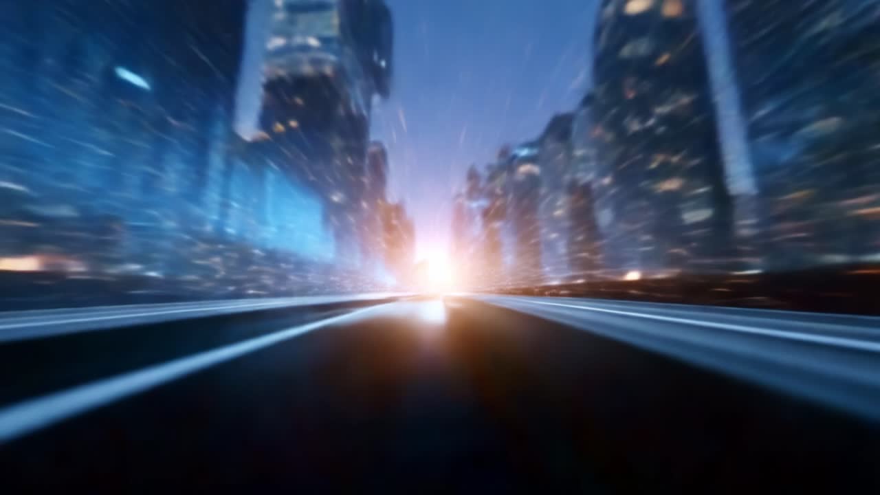 Paesaggio urbano dinamico al crepuscolo che mostra luci in rapido movimento ed effetti scintillanti lungo una strada, catturando l'essenza dell'energia urbana e della velocità in un'area metropolitana vivace