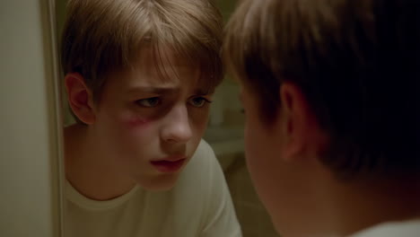 a boy looking at his reflection with a scar