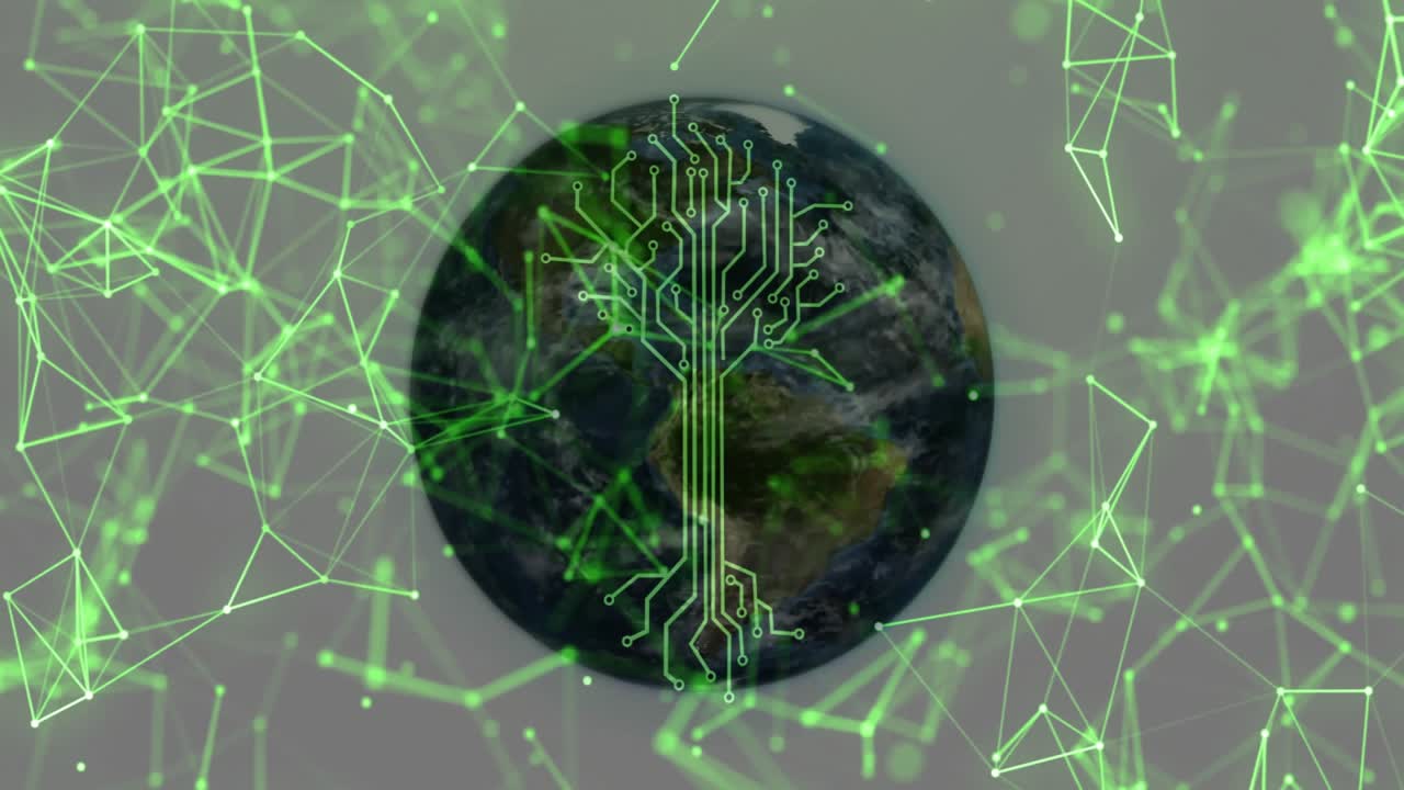 Upon green lines drifting, 3D globe rotating and growing circuit-tree showing network expansion