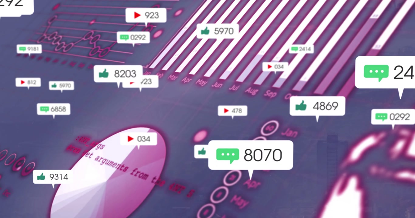 Small speech bubbles appearing cluster floating likes chats views spawning shifting showing trends