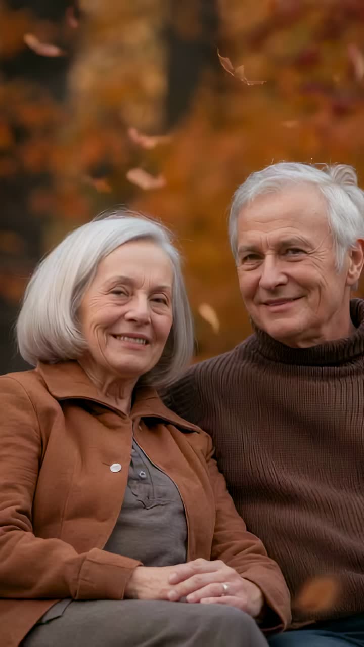 Vídeo vertical: Ancianos morenos compartiendo afecto en un banco del parque; se ve un anillo entre las hojas de otoño