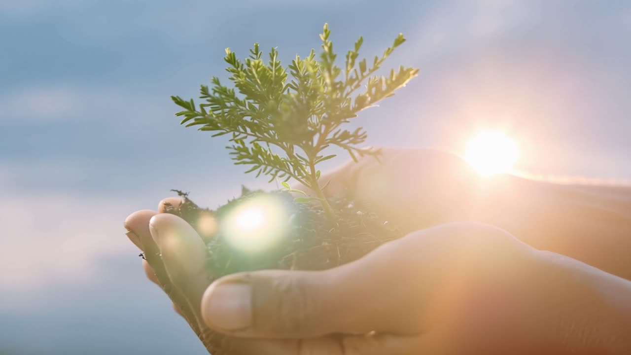 Hands cradle earth with budding green shoot. Soft light glows from beneath the sprout. Nature's new life emerges, gently held. Symbol of growth, care, and renewal. Ideal for themes of sustainability
