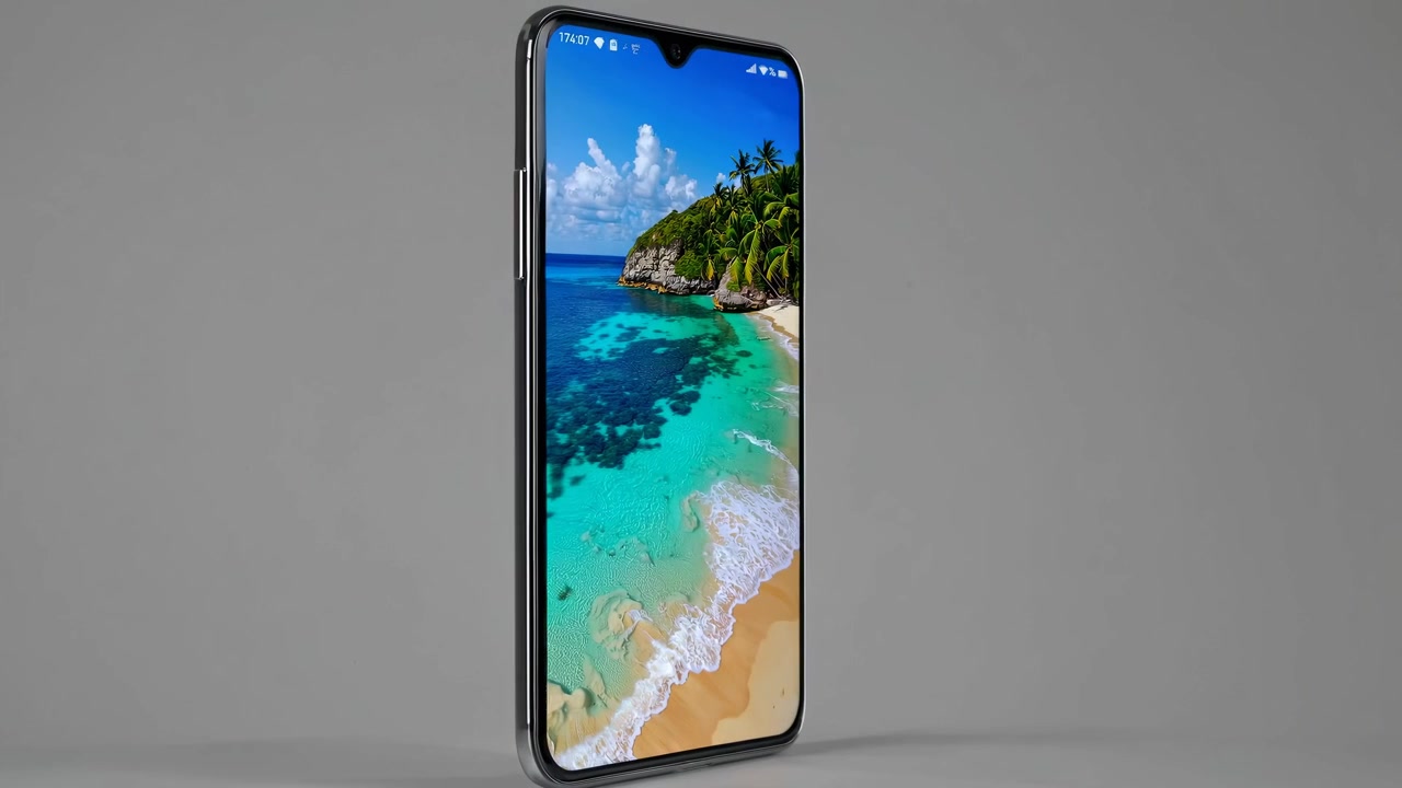 Smartphone rotante che mostra uno sfondo di spiaggia tropicale