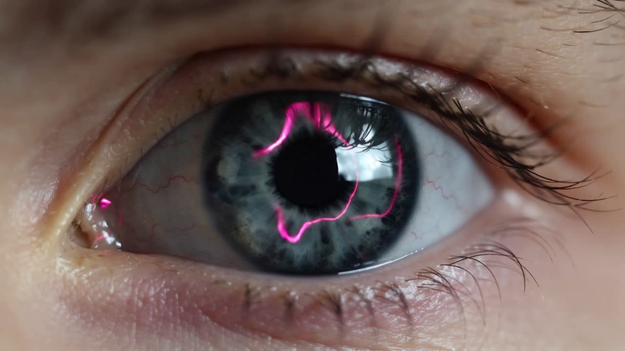 Sağ göz açık kalırken, ışık neon pembe izler çıkararak bir halka oluşturuyor ve ardından teknolojik bir etki için soluyor.