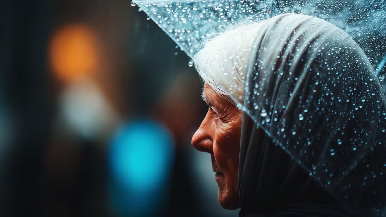 Profound Moments of Reflection: An Elderly Woman Under an Umbrella Amidst Rain, Symbolizing Resilience and Grace in the Face of Adversity, Capturing Life's Emotional Depths