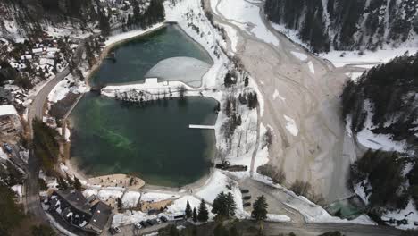 overhead aerial of jezero jasna, slovenia