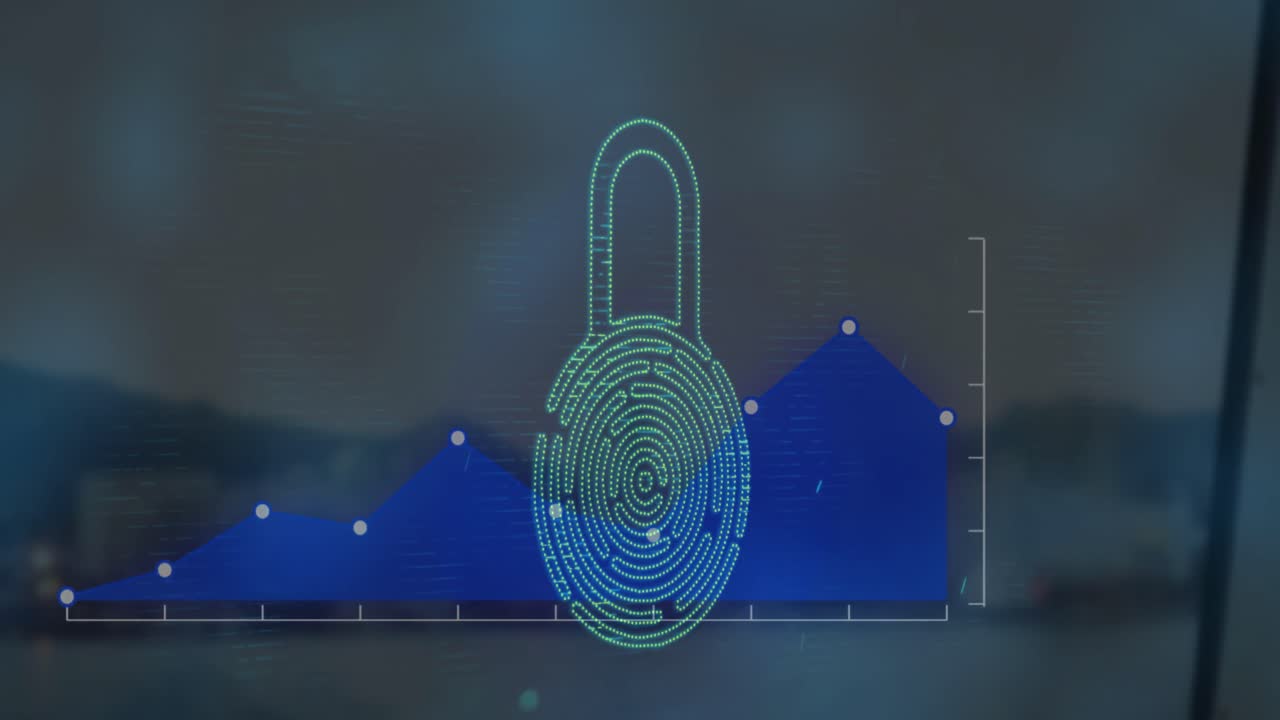 animación del diagrama y el icono del candado sobre el paisaje urbano.