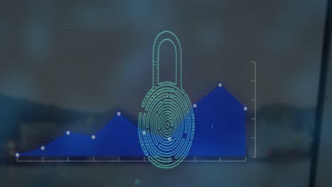 Animation-of-diagram-and-padlock-icon-over-cityscape