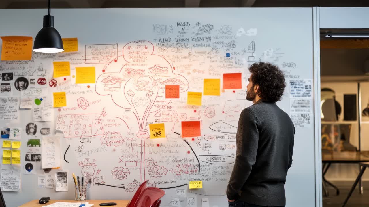 A man reviews a brainstorming wall filled with notes and sketches. The video captures a side angle