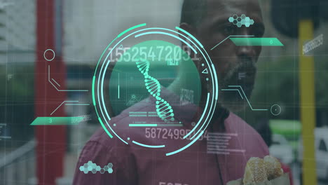 animation of dna and scanner with processing data over african american man eating in street