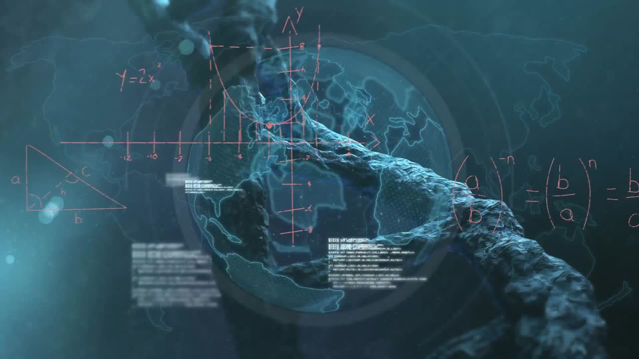 dna 가닥의 애니메이션과 검은색 배경의 그리드 상의 데이터 처리