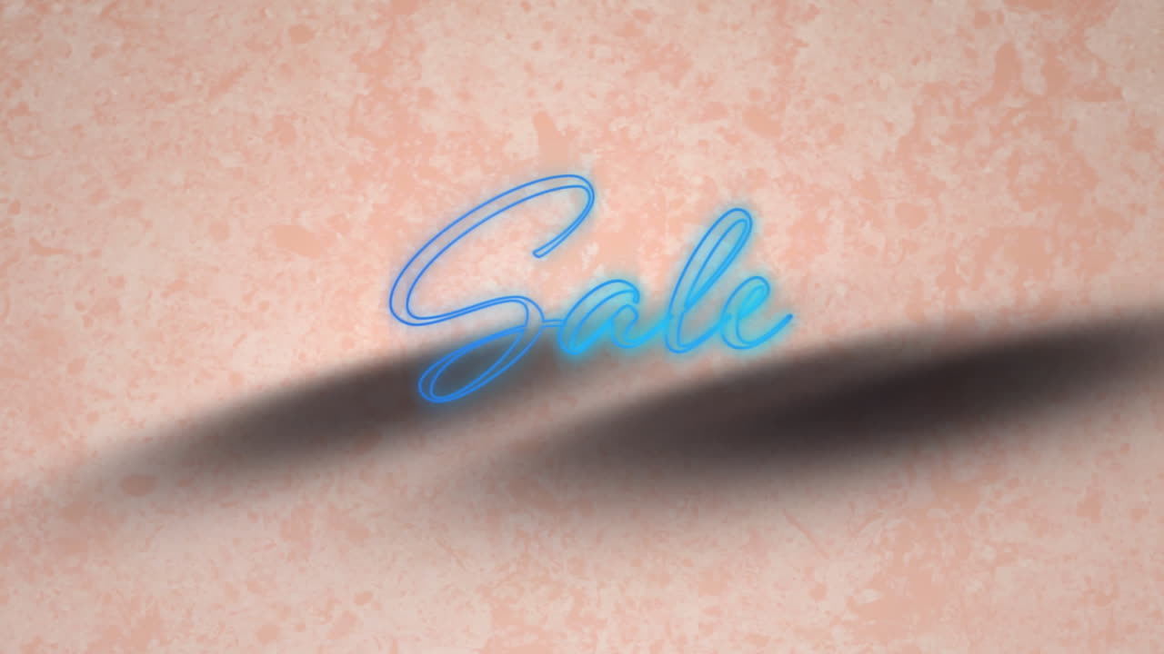 네온 파란색 판매 텍스트는 분홍색 배경에 텍스처 된 효과에 대항합니다.