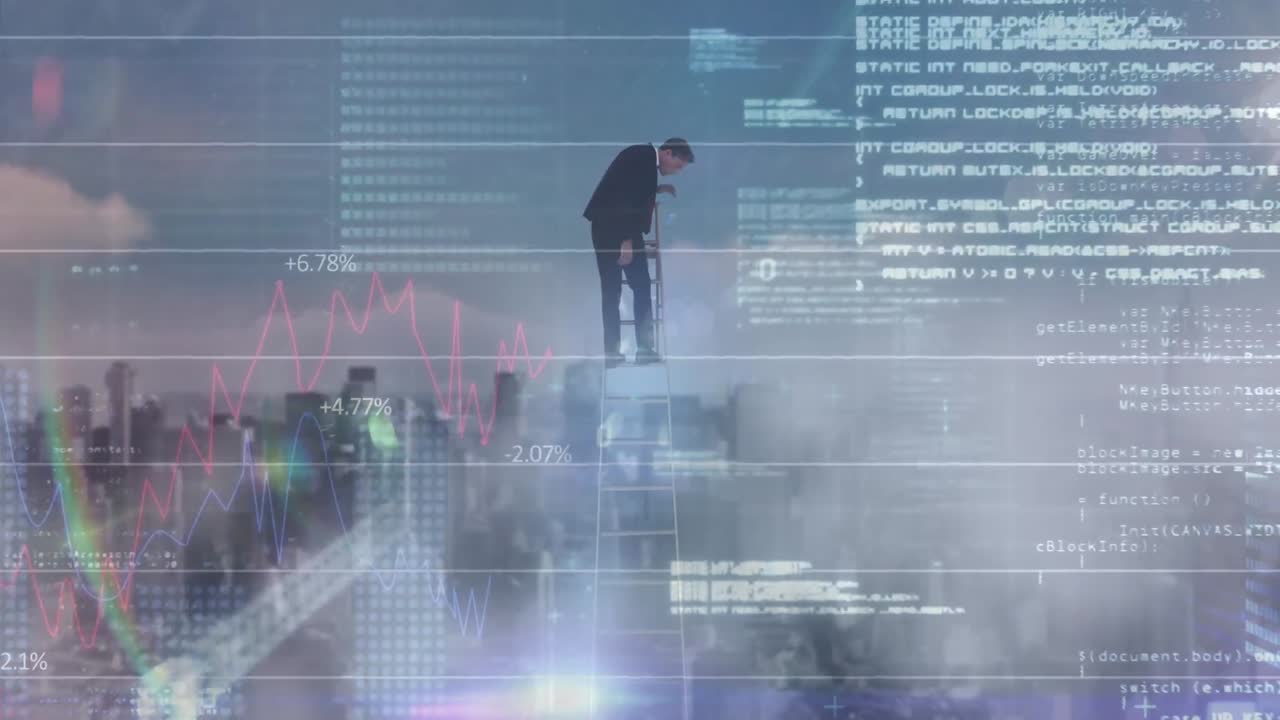 animación de datos financieros y gráficos sobre el empresario y el paisaje urbano