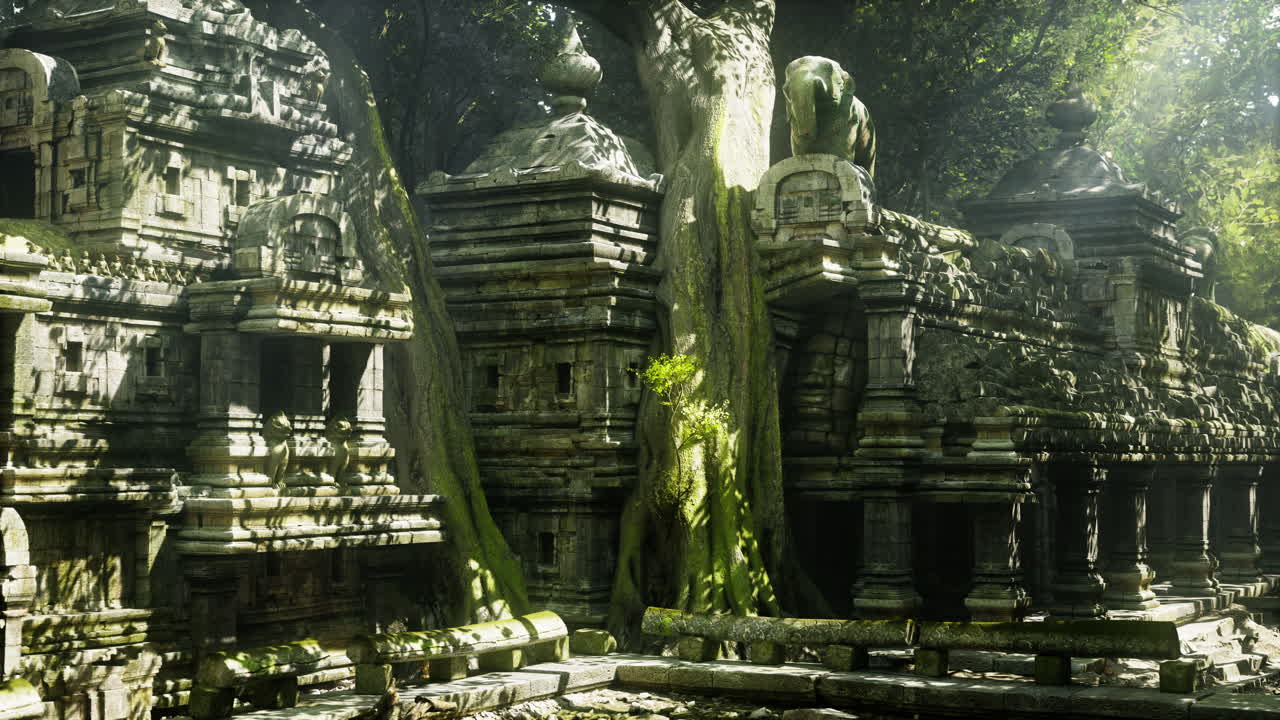 Ancient cambodian temples engulfed by lush greenery and sunlight