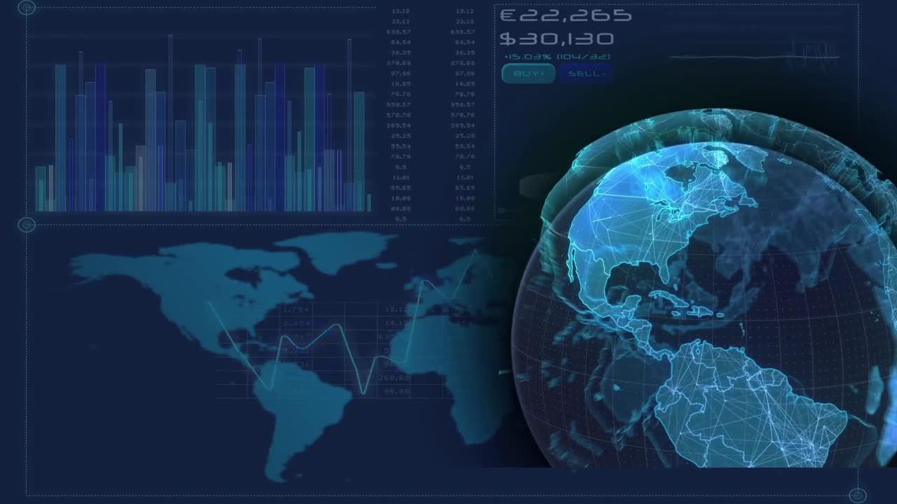 Animation of globe rotating over blue background with diverse data and world map