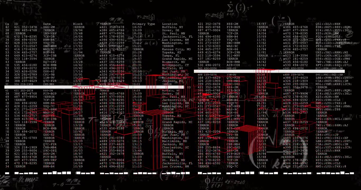 Red squares appearing forming blocks aligning with table scanline scanning rows overlaying math