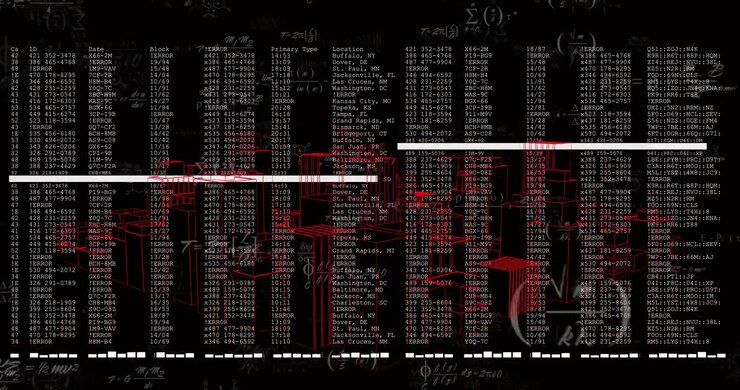 Red squares appearing forming blocks aligning with table scanline scanning rows overlaying math