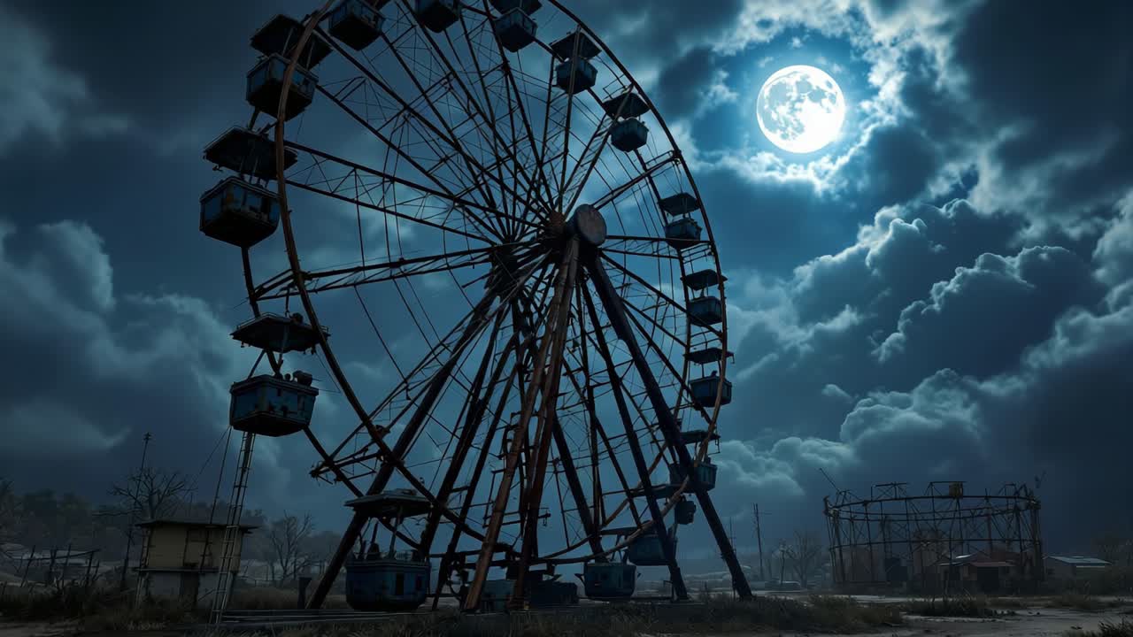 Ferris wheel illuminated by moonlight, surrounded by dramatic clouds in an abandoned amusement park