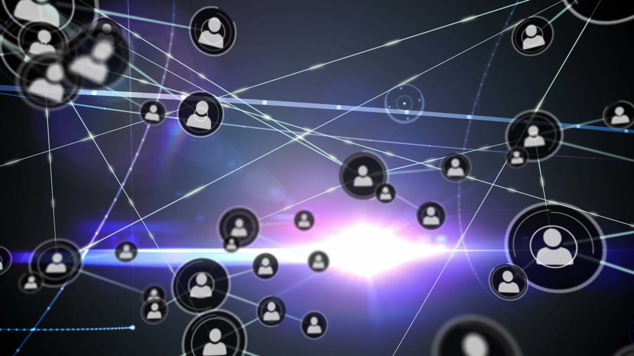 Animation of network of connections with icons over blue background