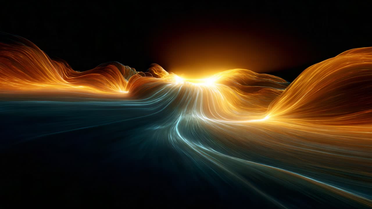 Stunning Illustration of Light Waves at Sunrise with Glorious Orange and Blue Flowing Visuals in a Dark Setting Capturing Dynamic Energy and Aesthetics