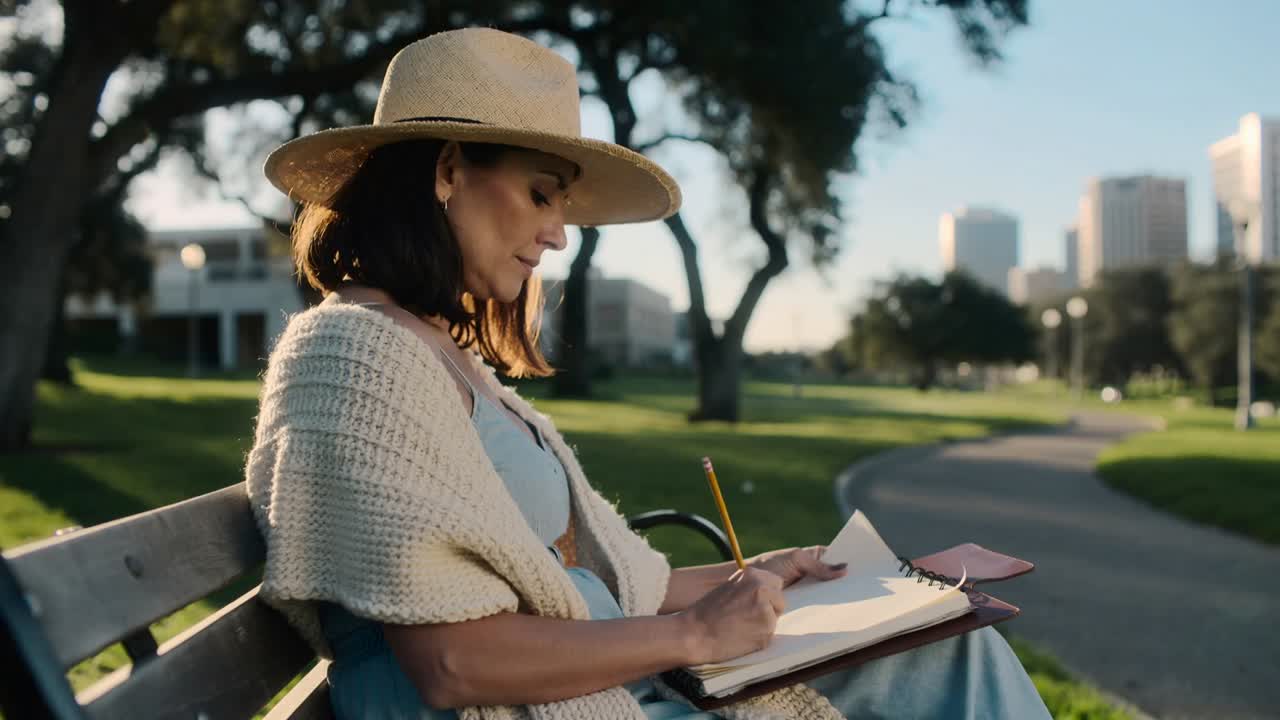 Seduta su una panchina, donna con cappello di paglia che disegna lo skyline in un parco, usando una matita gialla e un quaderno