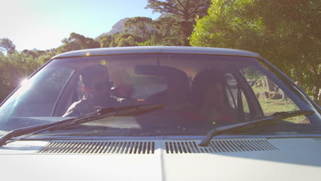 exterior view of friends in car enjoying summer road trip