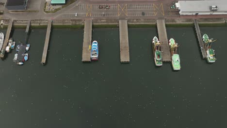 aerial view of a busy harbor with fishing boats