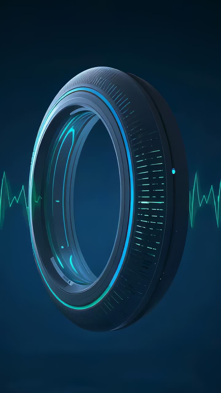 Video verticale: anello toroidale pulsante che ruota in uno studio virtuale, reagendo ai picchi della forma d'onda