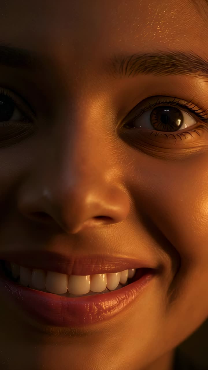 Vertical video: Smiling woman reacting to camera, shifting gaze and blinking in warm light closeup