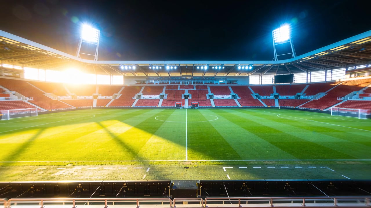 Telecamera panoramica dalla tribuna che rivela un campo da calcio con un bagliore solare, mentre le ombre si spostano in preparazione della partita.