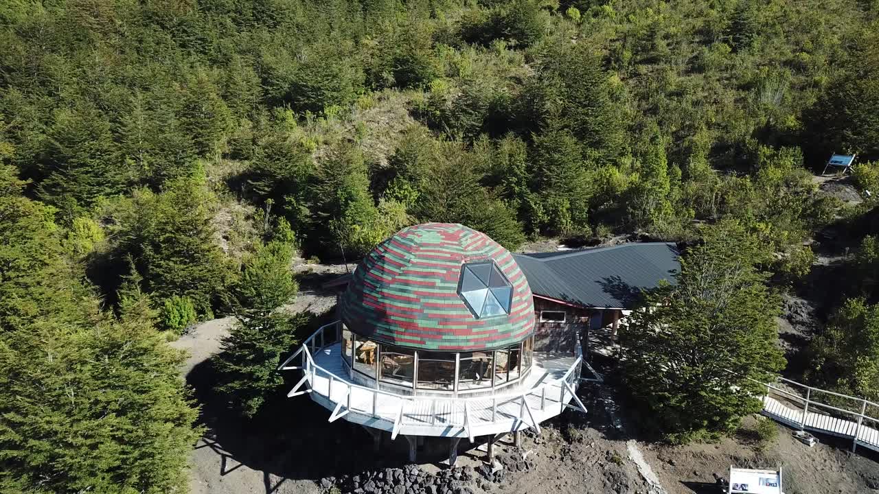 Drone Aerial View of Modern Yurt Off The Grid in Forest Landscape of Countryside of Chile, Los Lagos Region