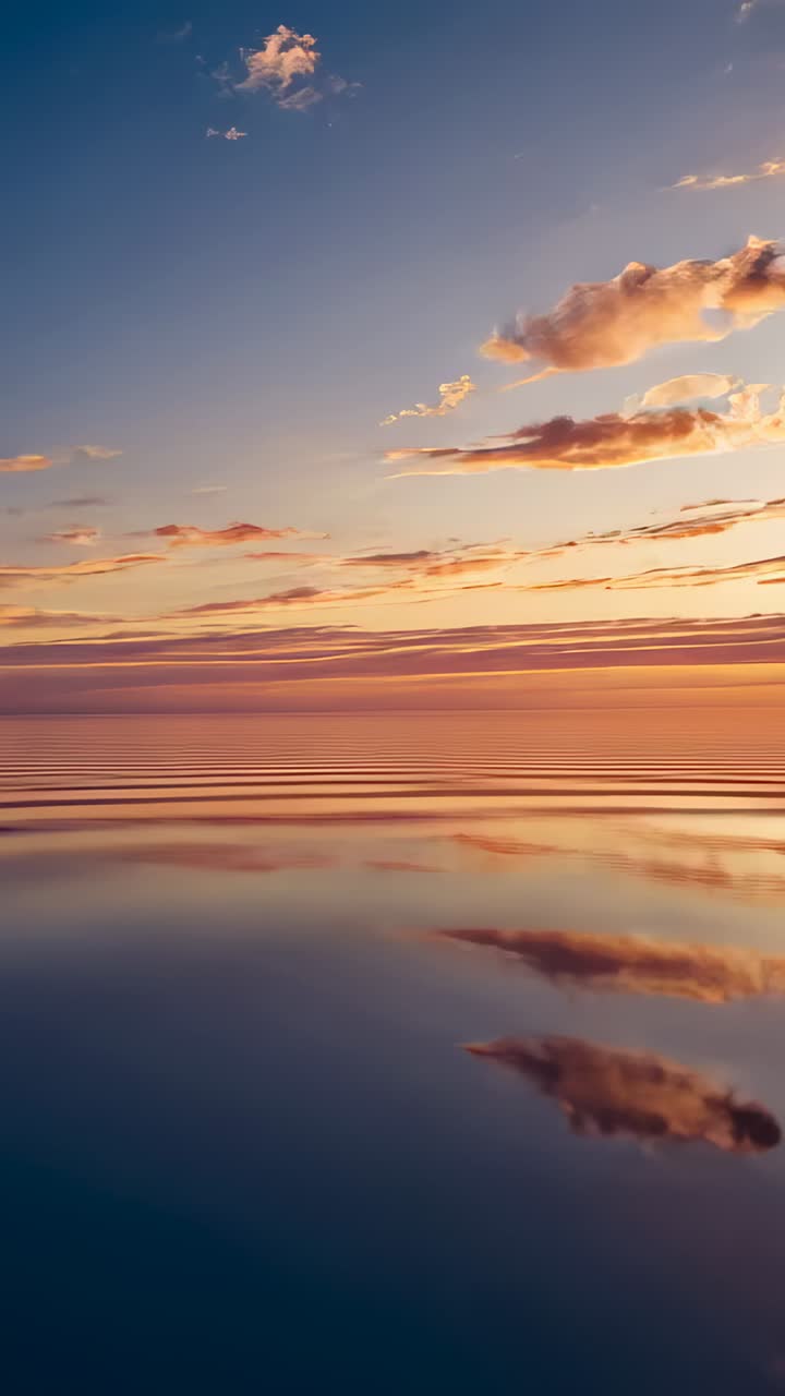 Vertical video: Tilting camera revealing horizon showing sky colors at sunrise, with mirror water