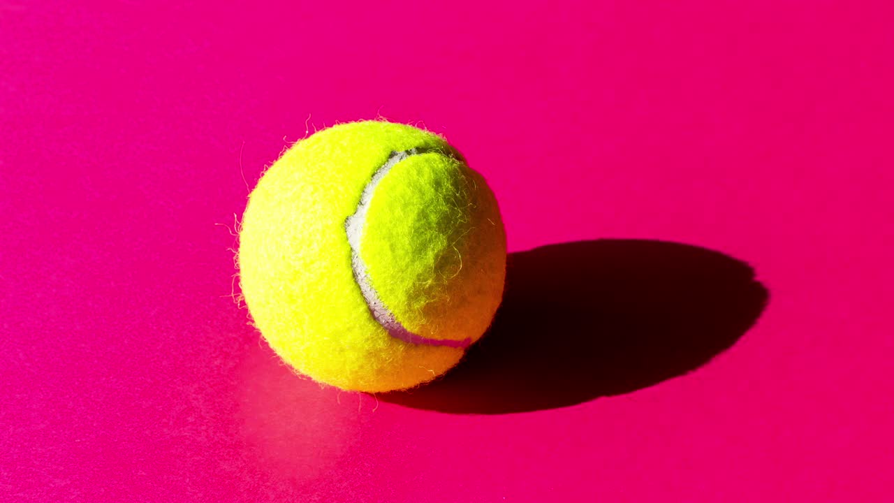 색, 파란색 및 분홍색 배경에 강한 그림자를 가진 테니스 공. 간단한 스 모션 스포츠 애니메이션