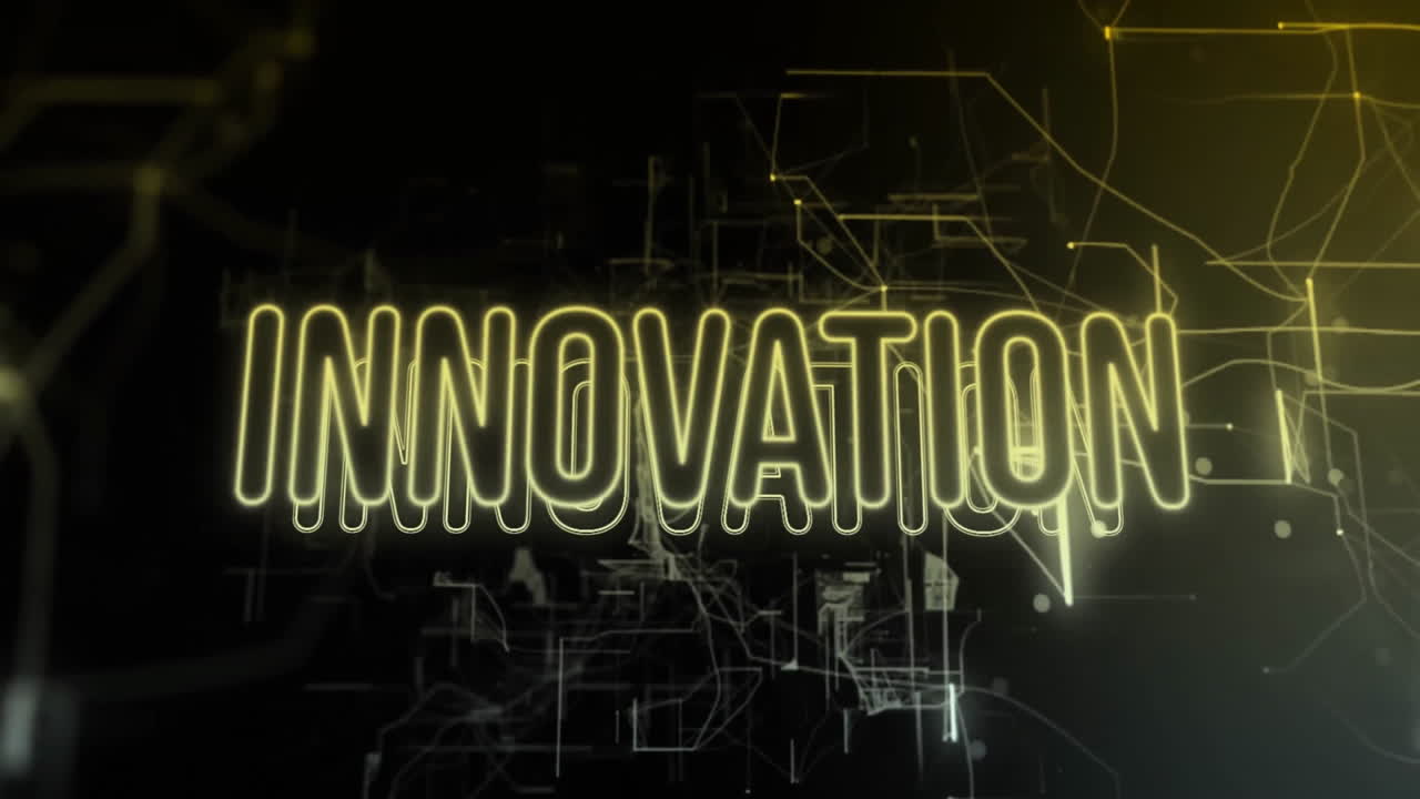 Animation of innovation text over network of connections on black background