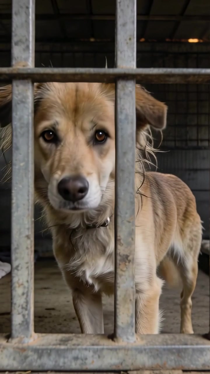 Video vertical: Perro de color canela inclinando la cabeza en una jaula, respondiendo a la presencia del espectador y empujando las barras oxidadas.