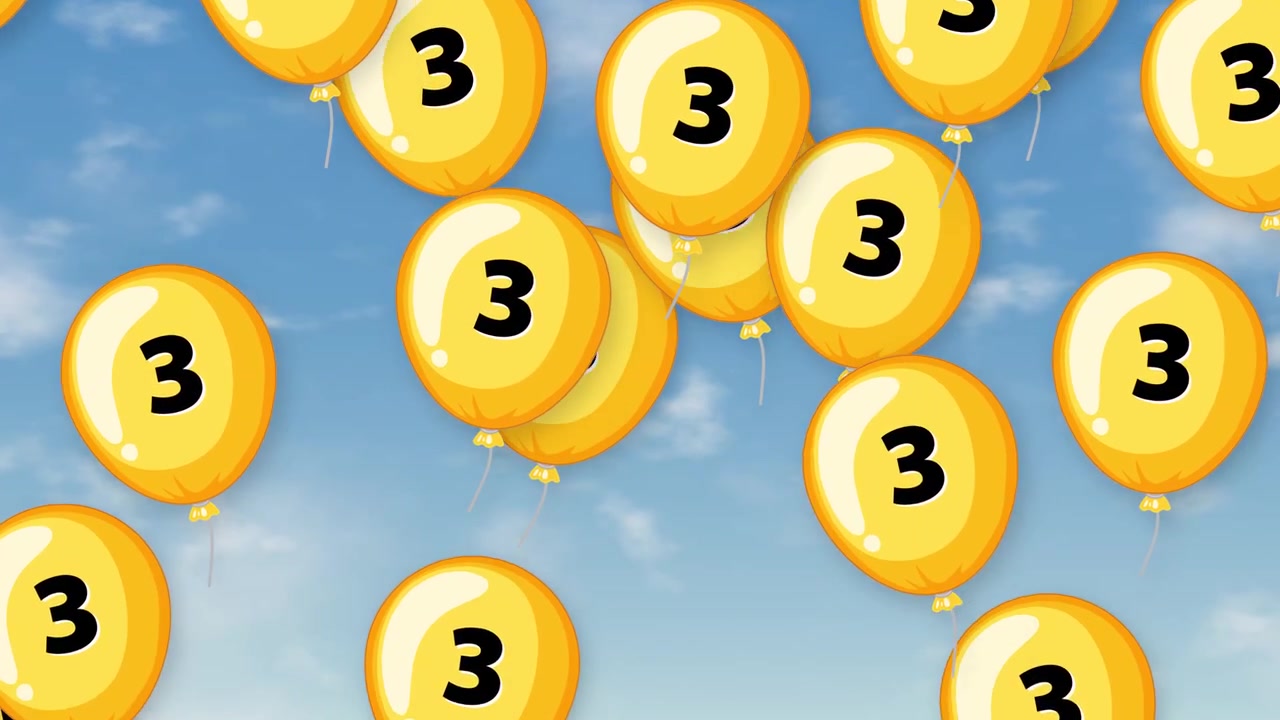 Gruppo di palloncini gialli con il numero tre che fluttuano in un cielo azzurro brillante