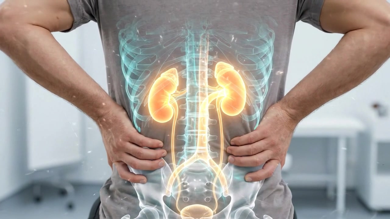 Man Experiencing Kidney Pain with Anatomical Overlay