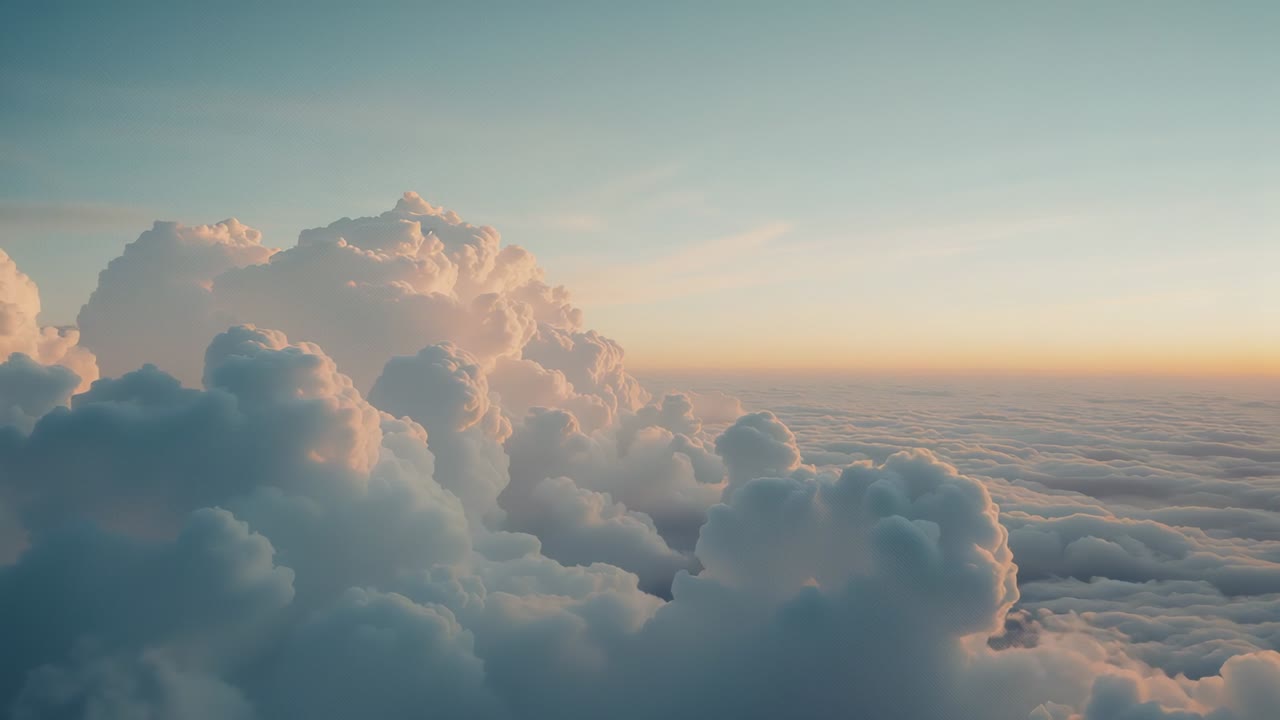 Opening aerial sweep panning right over bank of cumulus and cumulonimbus clouds, capturing panorama