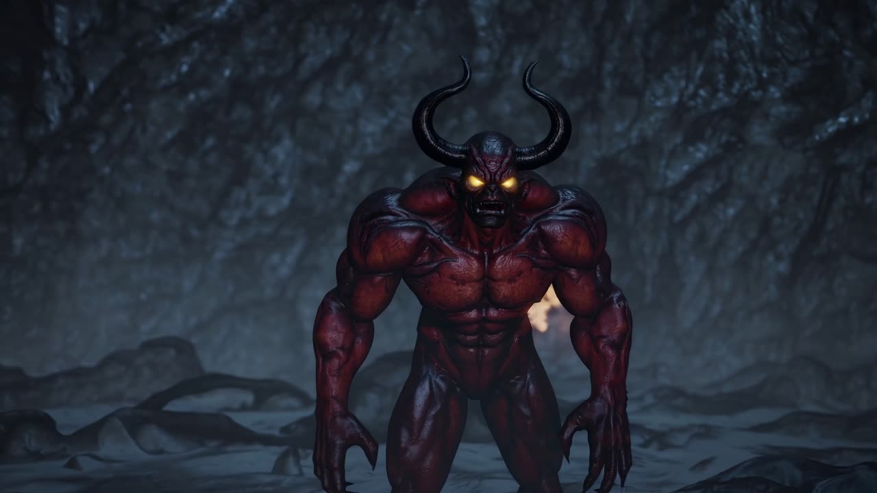 A low-angle shot of a menacing, horned creature with glowing eyes, emerging from shadows