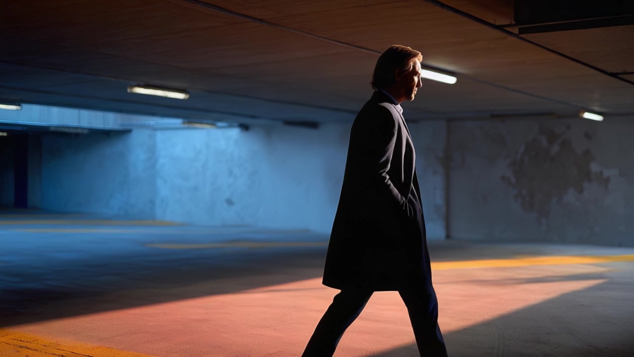 A solitary figure walks through an empty, dimly lit parking garage, illuminated by contrasting shadows and vibrant light, creating a dramatic and contemplative atmosphere.