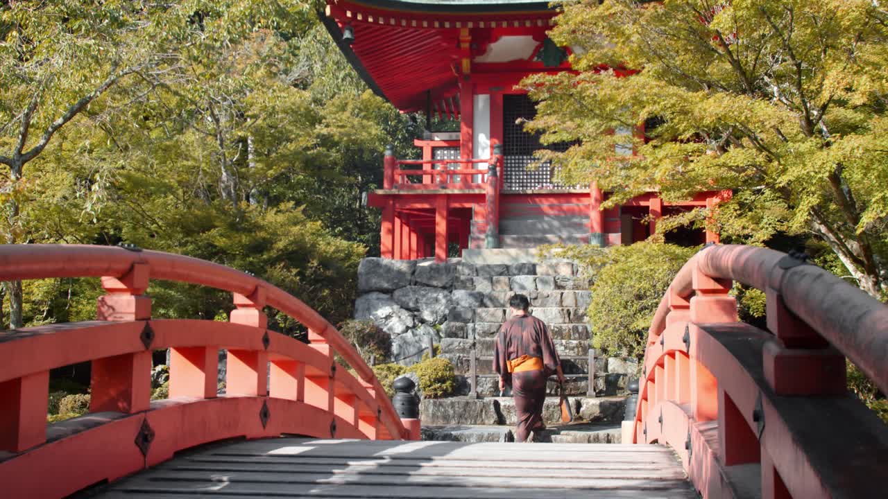 diapositiva de una persona que lleva un hakama caminando sobre un puente hacia un santuario para rezar en un jardín japonés en kioto, japón 4k cámara lenta