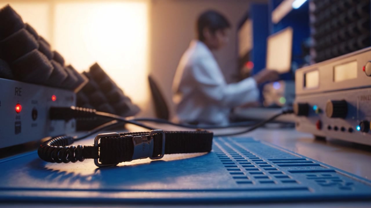 A technician operates sophisticated equipment in a laboratory setting, highlighting the intricate details of electronic devices and a monitoring strap on the workspace.