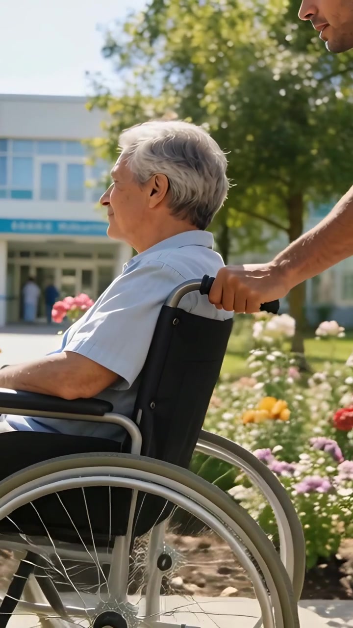 Video verticale: Uomo che posiziona le mani sulle maniglie e spinge un anziano in sedia a rotelle con camicia blu in giardino