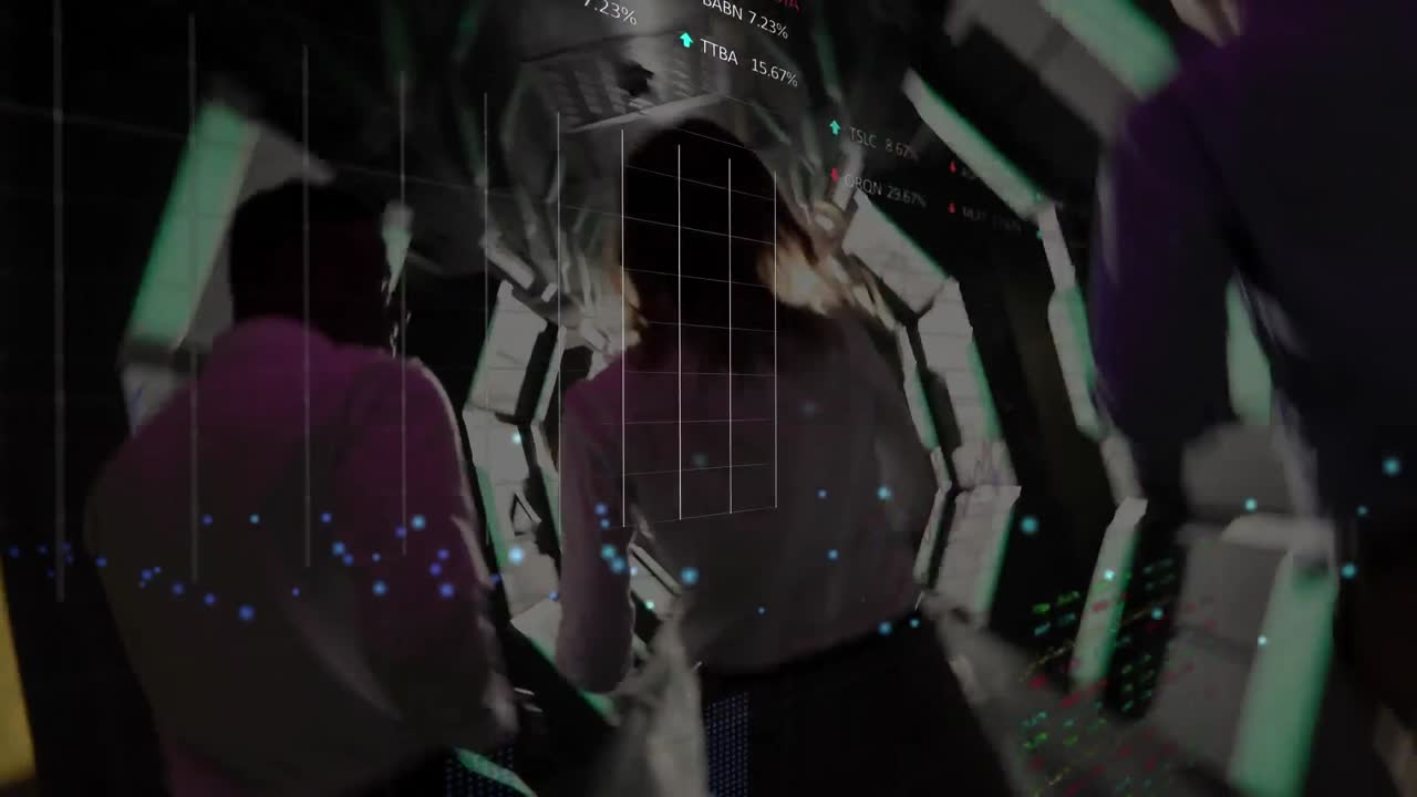 animación de puntos brillantes y procesamiento de datos sobre personas de negocios corriendo en movimiento rápido