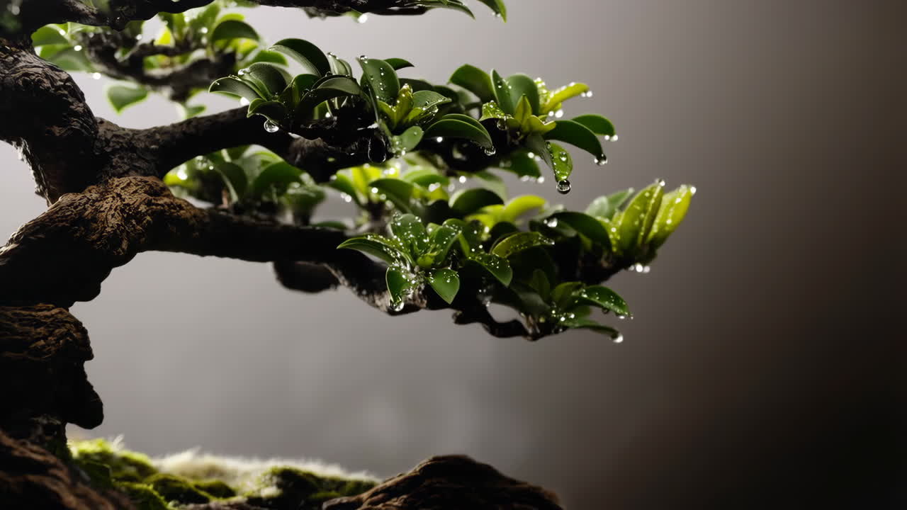 Foglie di bonsai con goccioline d'acqua