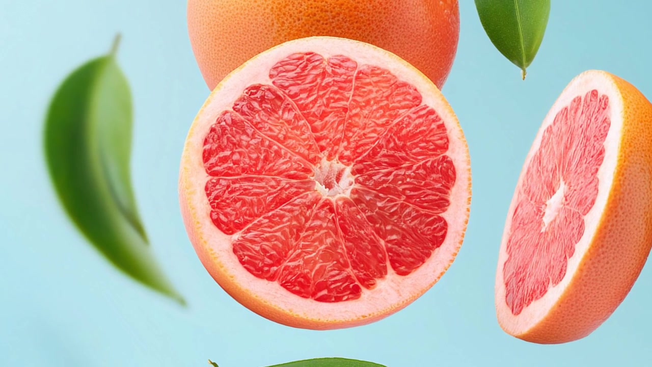 Friske flytende grapefruktskiver og blader på blå bakgrunn