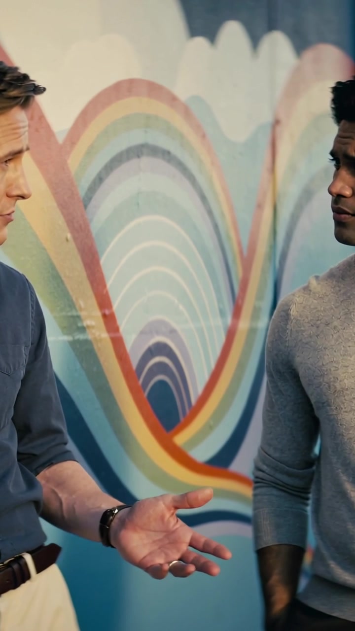 Vertical video: Gesturing man blue shirt explaining to listener in gray sweater before mural watch