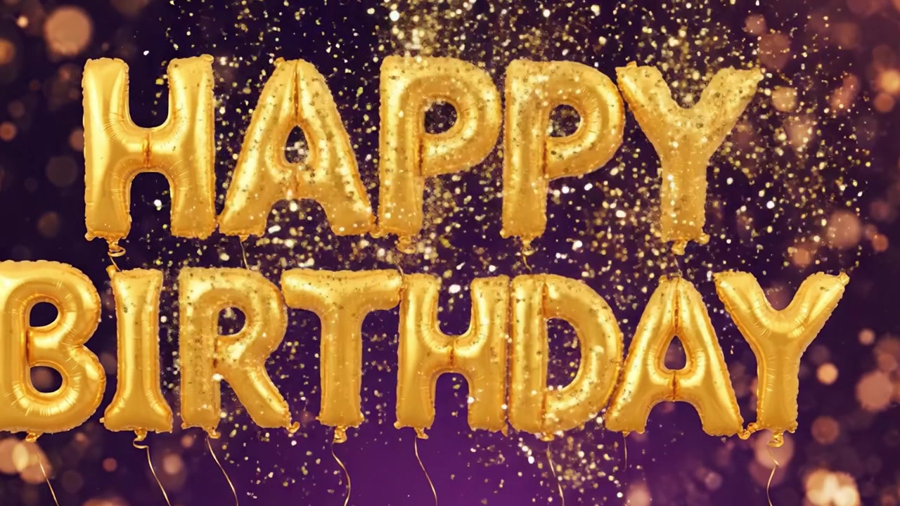 Festeggia con Gioia ed Eleganza: Una Splendida Esposizione di Palloncini Dorati 'Happy Birthday' Su Uno Sfondo Scintillante per Momenti Indimenticabili