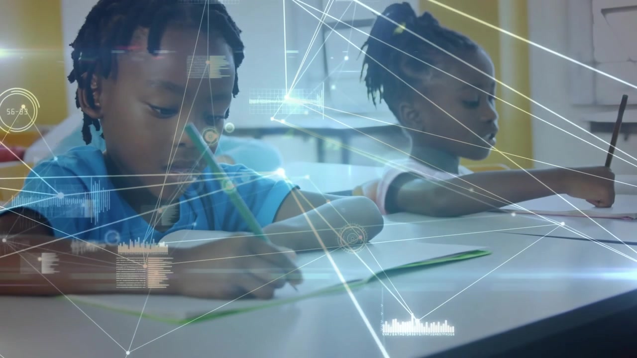 Young Students Writing in Classroom with Digital Data Overlay